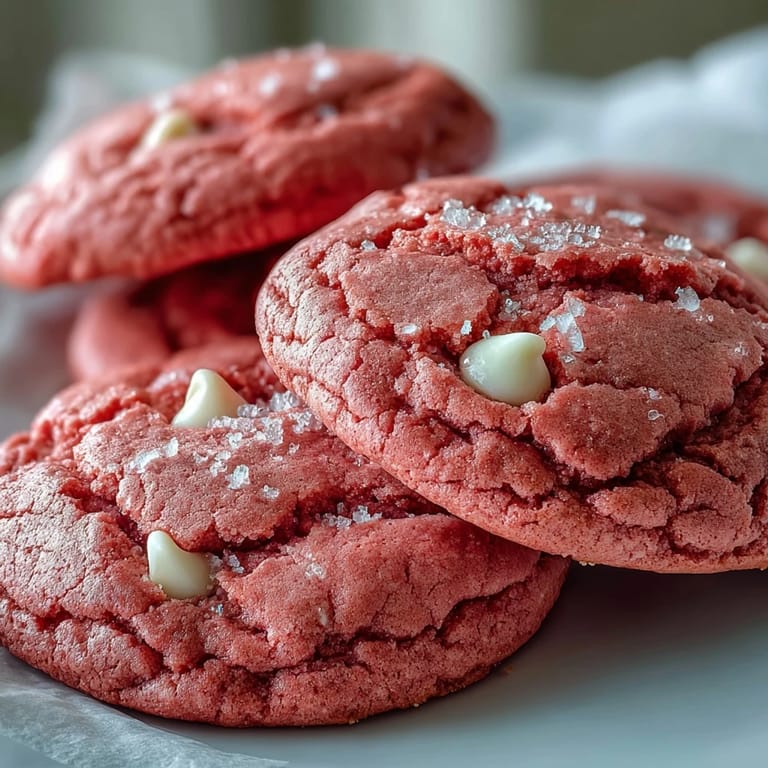Soft Pink Velvet Cookies stacked high, revealing chewy texture and vibrant pink crumb inside.