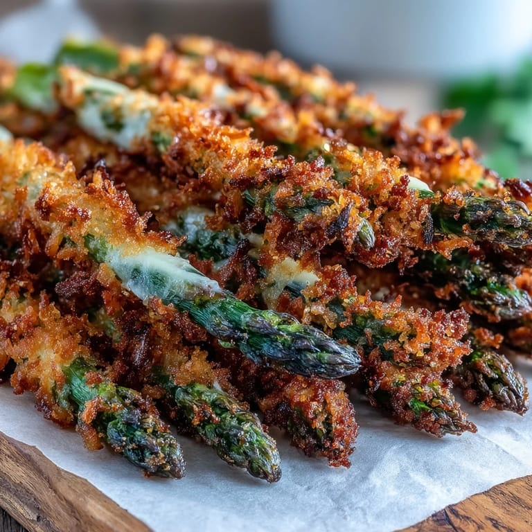 Golden Crispy Asparagus Asiago Spears garnished with parsley and served with creamy garlic dip