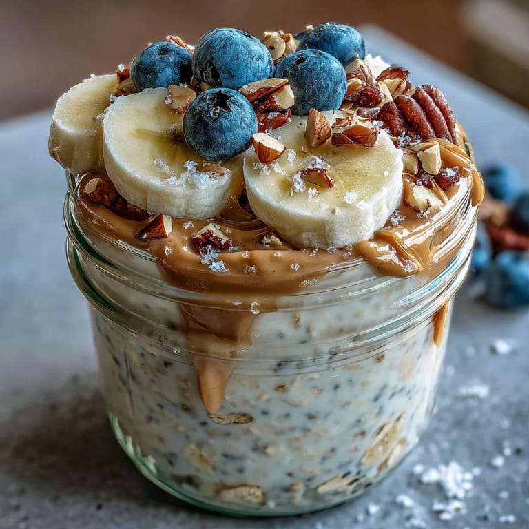 Gluten-free High-Protein Peanut Butter Overnight Oats served with fresh strawberries and a honey drizzle for an easy morning meal.
