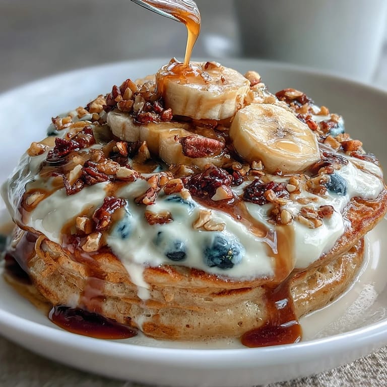 Protein Pancake Bowl featuring fluffy banana-oat pancakes piled high with berries, nuts, and Greek yogurt, served in a cozy breakfast bowl.