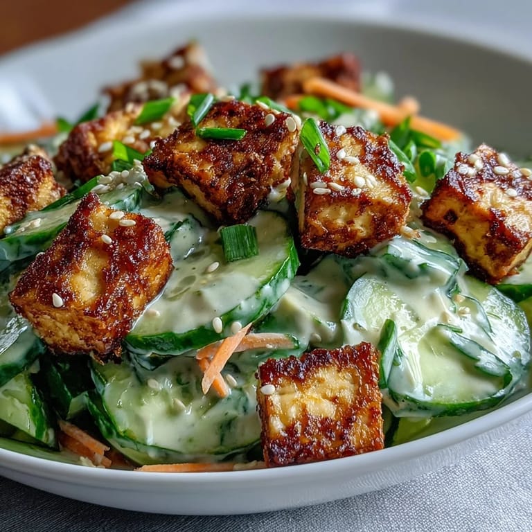 Enjoy this creamy Asian Cucumber Salad featuring crisp cucumbers, carrots, and golden crispy tofu, drizzled with a savory sesame-ginger dressing.