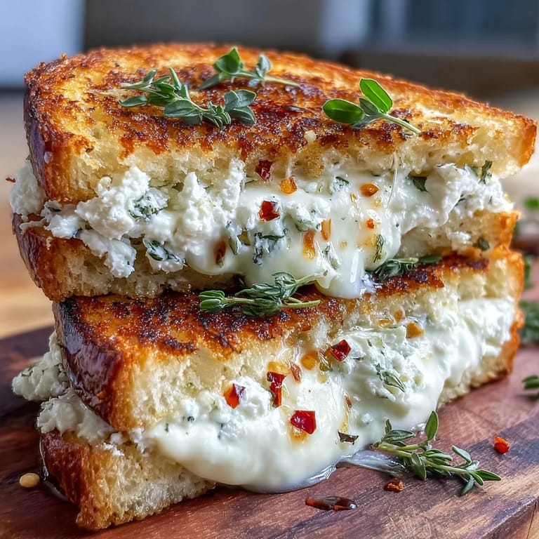 Rustic wooden board holding a halved Goat Cheese Grilled Cheese with Honey & Chili Flakes and baby arugula leaves.