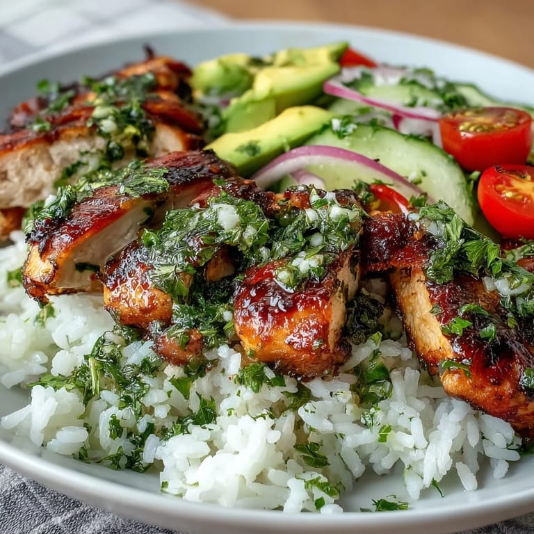 Chopped Chimichurri Chicken Bowl ingredients including cucumber, red onion, and vibrant parsley sauce, ready for a healthy weeknight dinner assembly.