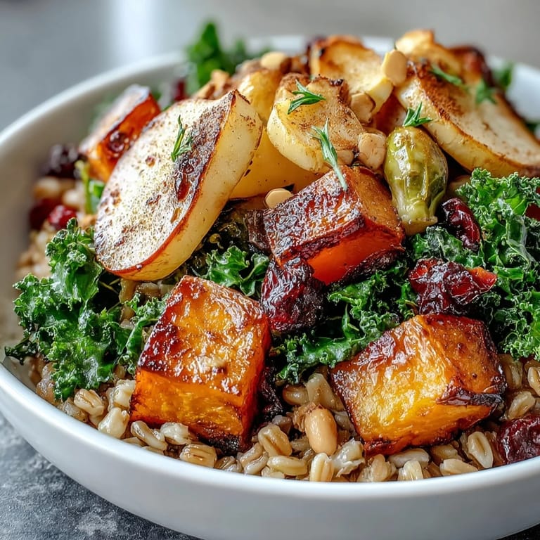 A warm serving of Fall Vegetable Bowl garnished with pumpkin seeds and cranberries, perfect for cozy dinners.