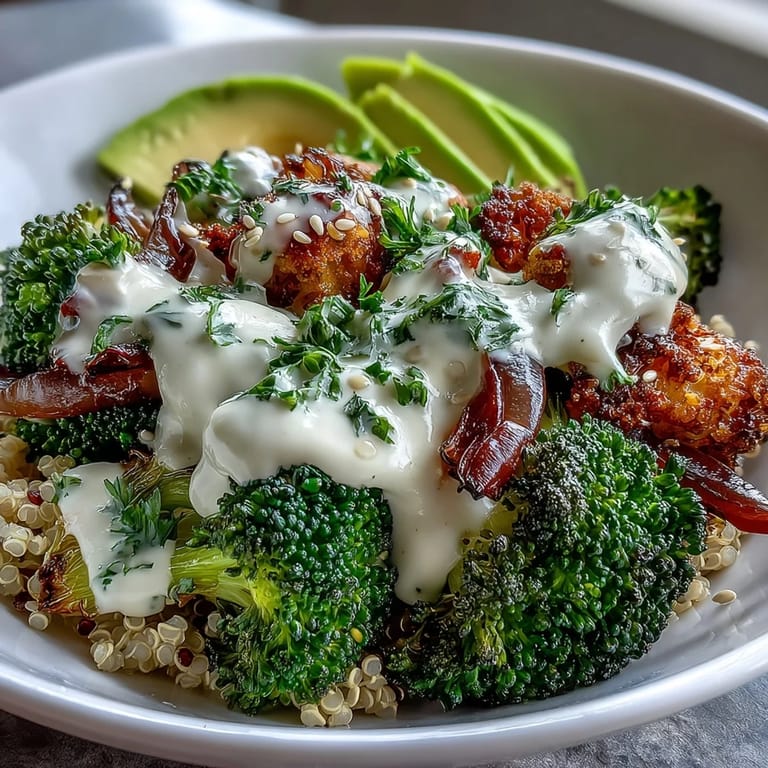 Crispy roasted broccoli and caramelized red onions topped with avocado slices and sesame seeds make a vibrant, vegan Mediterranean-inspired Roasted Broccoli Bowl.