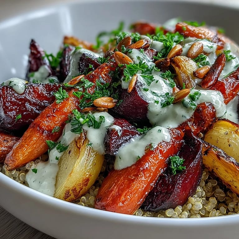A wholesome bowl of Roasted Root Vegetable Bowl featuring tender beets, carrots, and parsnips finished with fresh parsley.