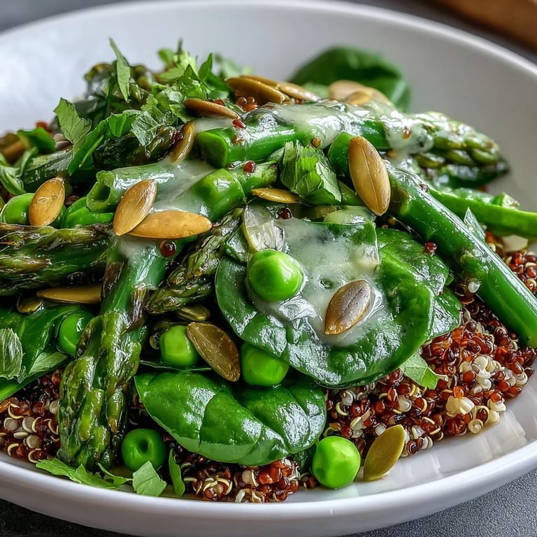 Close-up of Spring Green Bowl featuring blanched green beans, tender peas, and wilted spinach over grains with lemon dressing drizzle.