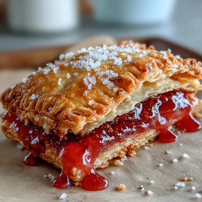 Sliced Guava Cheese Pop Tart on a wooden cutting board, revealing the vibrant pink guava jam and creamy white cheese interior.