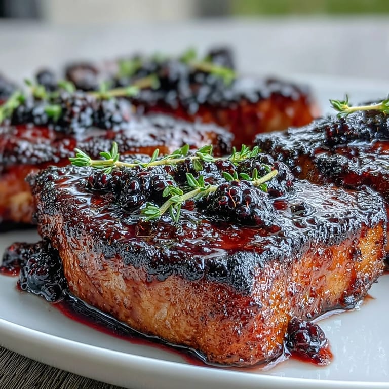 Golden pan-seared bourbon blackberry pork chops smothered in a glossy, ruby-red glaze, with fresh blackberries and herbs scattered on top.  