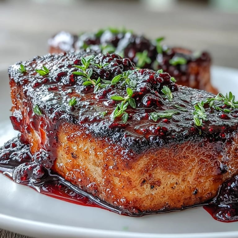 Sizzling bourbon blackberry pork chops fresh from the skillet, dripping with sweet-tangy glaze and garnished with vibrant blackberries and thyme.