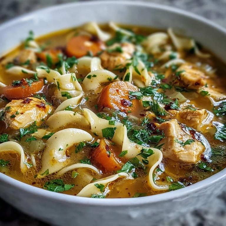 Creamy Ginger Turmeric Chicken Soup with tender chicken pieces and egg noodles in a savory broth.