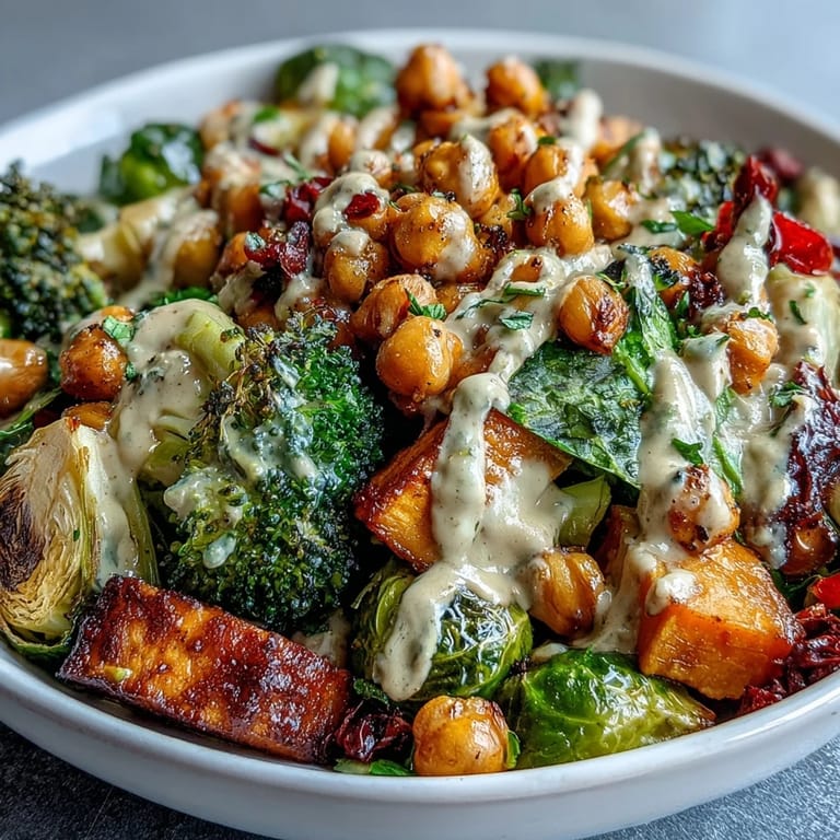 Healthy Roasted Veggie & Chickpea Bowls served warm with maple Dijon tahini dressing, perfect for a quick plant-based dinner or meal prep.