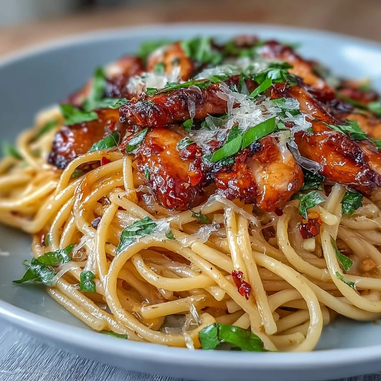 A skillet of Sticky Honey Garlic Chicken Pasta topped with Parmesan and red pepper flakes for a creamy, spicy finish.