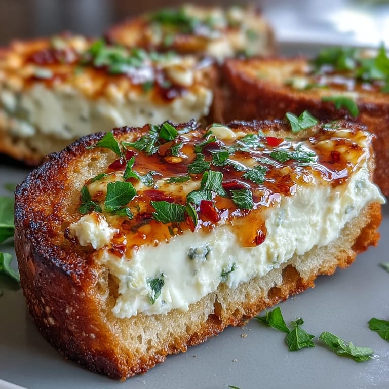 Crusty French bread halves are slathered in garlicky ricotta mixture, baked until perfectly toasty, then finished with a sweet-spicy hot honey glaze.