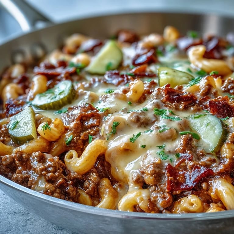 Steaming skillet of One-Pan Cheeseburger Chili Mac topped with shredded cheddar, diced tomatoes, and tangy pickles, ready to serve.