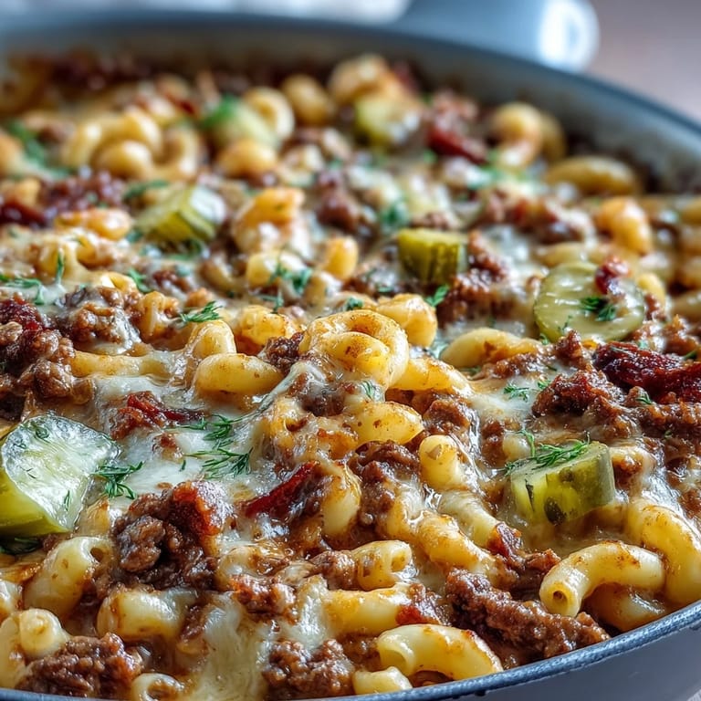 One-Pan Cheeseburger Chili Mac in a skillet with creamy cheddar sauce, ketchup swirls, and chopped pickles for a family dinner.