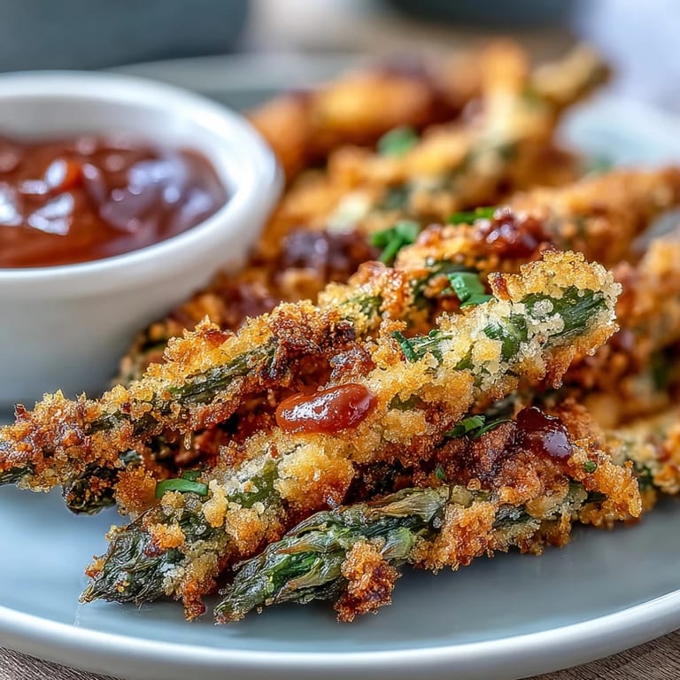 Crunchy Crispy Chili-Garlic Asparagus Fries are ready to eat, garnished with fresh parsley and chopped green onions.