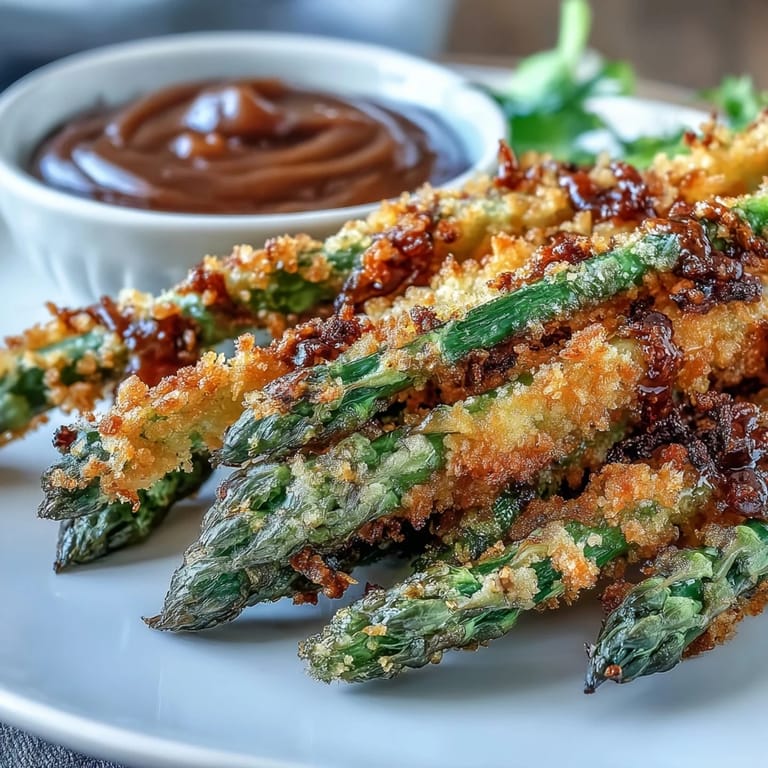 Sizzling Crispy Chili-Garlic Asparagus Fries are plated in a rustic basket with a side of spicy dipping sauce.