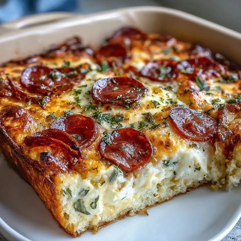 Fresh parsley tops the High-Protein Pizza Breakfast Casserole, baked in a pan with melty mozzarella and cheddar cheese.