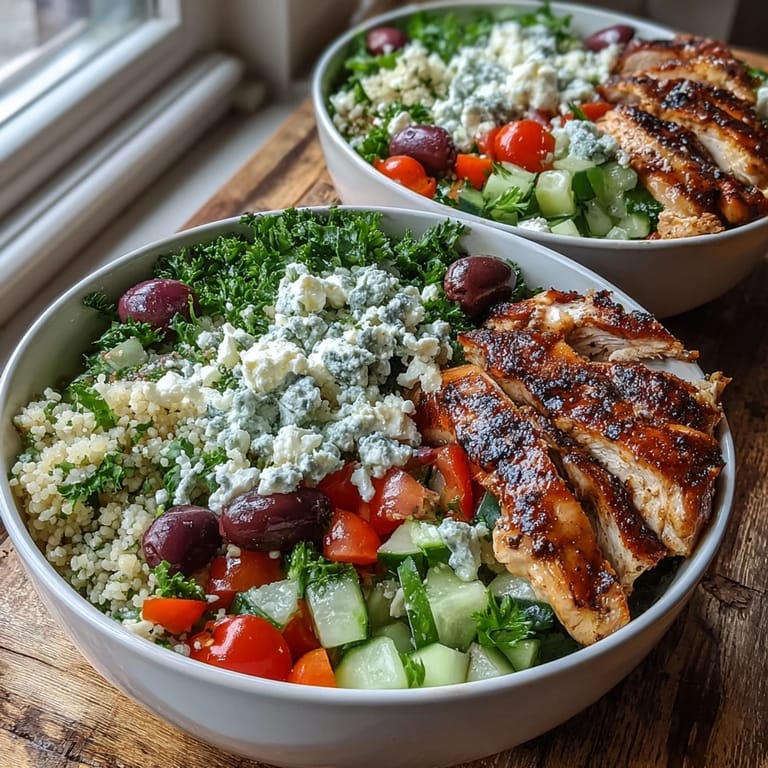 Serving suggestion for Mediterranean pearl couscous chicken bowls: tender grilled chicken atop a herby couscous base with feta, olives, and tomatoes.