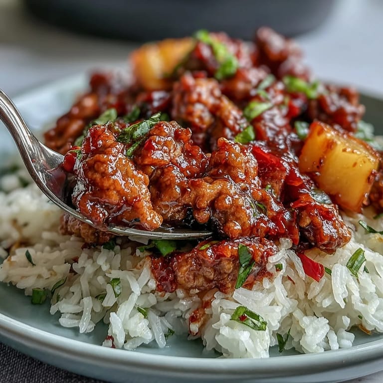 A close-up of Sweet-and-Sour Turkey Rice Skillet with fluffy rice, vibrant peppers, and toasted sesame seeds, served steaming hot.