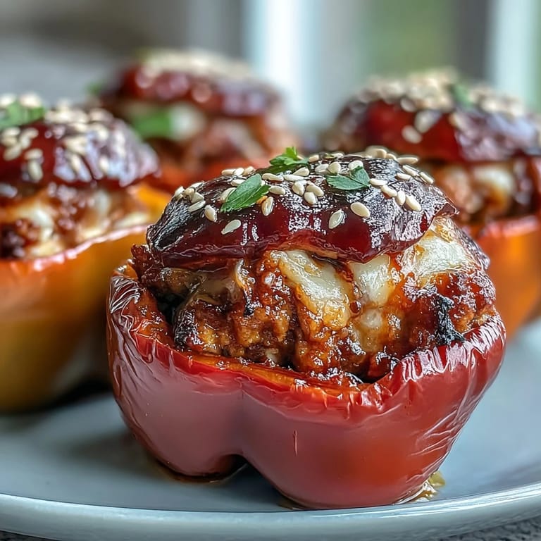 Sizzling Korean-Style Turkey Stuffed Sweet Peppers fresh from the oven, garnished with fresh green onions and sesame seeds.