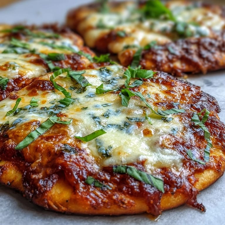 Slices of Garlic Naan Margherita Pizzas are served warm with melted cheese and marinara.