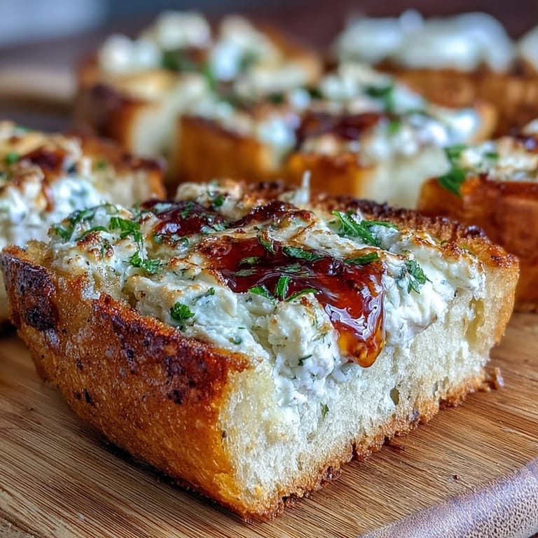 Hot Honey Ricotta Garlic Bread features crusty French bread topped with herbed ricotta and melted Parmesan, finished with a glossy drizzle of hot honey.