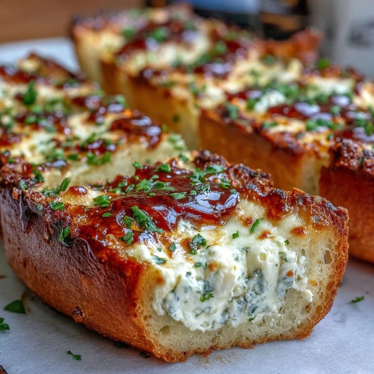 A close-up of Hot Honey Ricotta Garlic Bread highlights the golden edges, melted cheese, and vibrant red pepper flakes on a rustic serving platter.