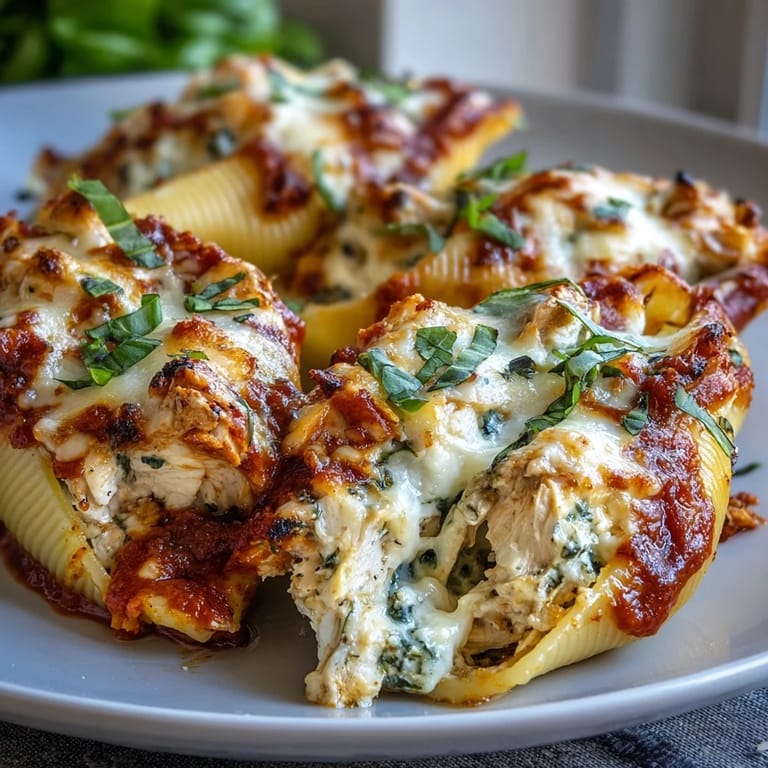 Pesto Chicken Stuffed Shells Lite on a white plate, showing tender shells stuffed with creamy chicken filling and herbs.