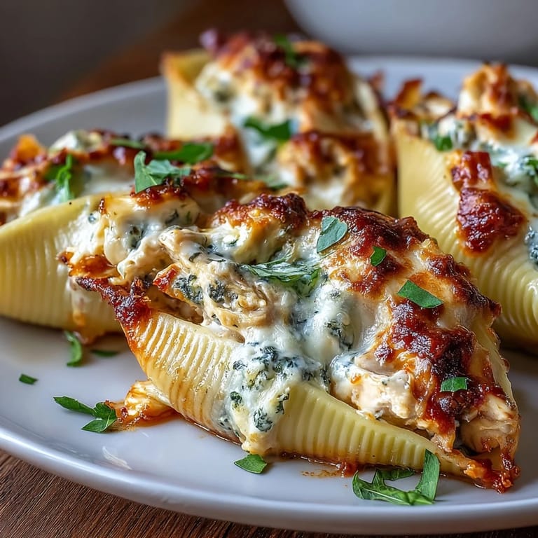 Close-up of Pesto Chicken Stuffed Shells Lite with melted mozzarella and zesty marinara sauce, perfect for a family dinner.
