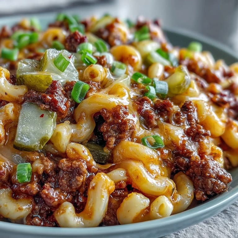 Close-up of One-Pan Cheeseburger Chili Mac with ground beef, elbow macaroni, and chopped dill pickles on top.