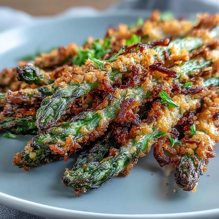 Golden oven-baked Crispy Chili-Garlic Asparagus Fries arranged on a dark surface with a creamy dipping sauce.