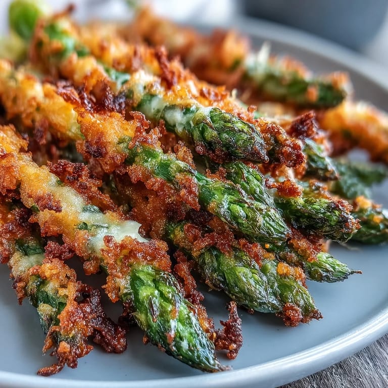 Close-up of Crispy Chili-Garlic Asparagus Fries showcasing golden breadcrumbs and vibrant green asparagus spears.