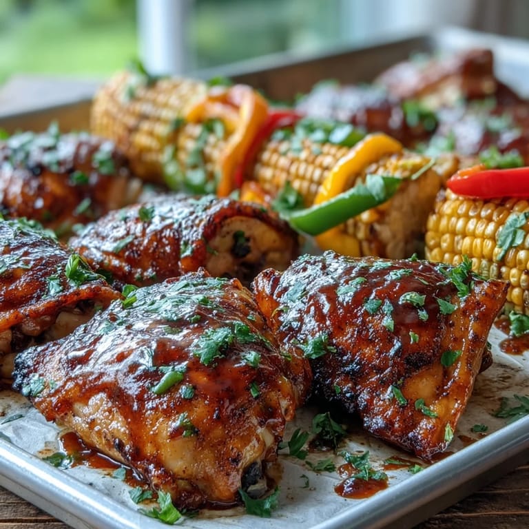 Savory Sheet Pan BBQ Chicken with sweet corn and peppers roasting together on a parchment-lined baking sheet for a juicy, caramelized family dinner.