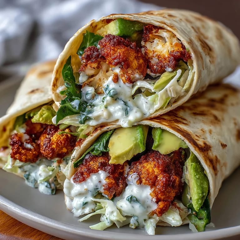 Golden-baked buffalo cauliflower florets, coated in spicy sauce, layered over crunchy cabbage slaw inside a soft wrap.