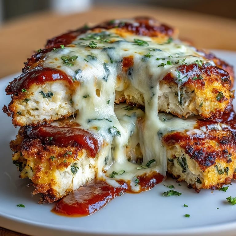 A close-up view of bubbling, gooey mozzarella and rich red marinara sauce on baked keto chicken.