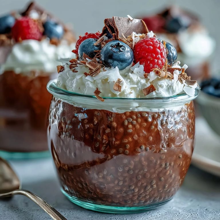Visually impaired user sees thick chocolate chia pudding alternating with fluffy coconut cream and a sprinkle of toasted flakes.