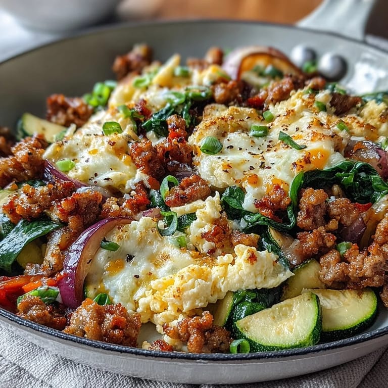 A close-up view of the Keto Sausage and Veggie Breakfast Scramble topped with melted cheddar and garnished with green spinach leaves.
