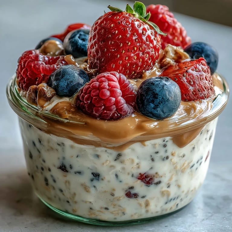 Juicy strawberries, blueberries, and raspberries garnish the Clean Eating Berry Overnight Oats with Almond Butter Swirl. 