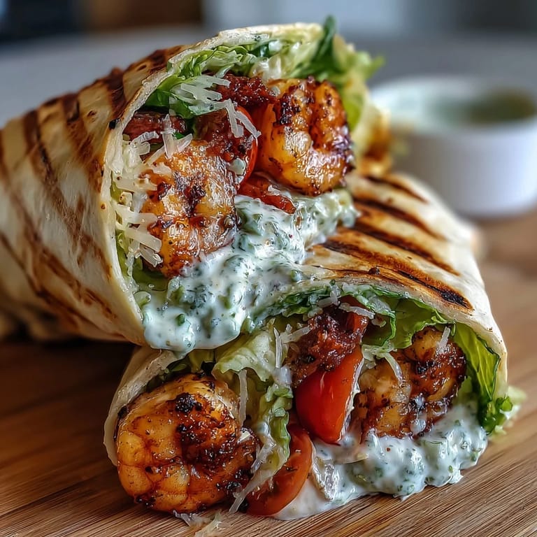 Tender Grilled Shrimp Caesar Wraps paired with croutons and shaved Parmesan on a plate.