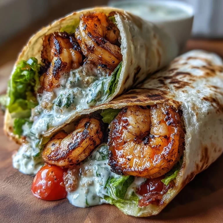 Juicy grilled shrimp Caesar Wraps filled with crunchy romaine and halved cherry tomatoes.