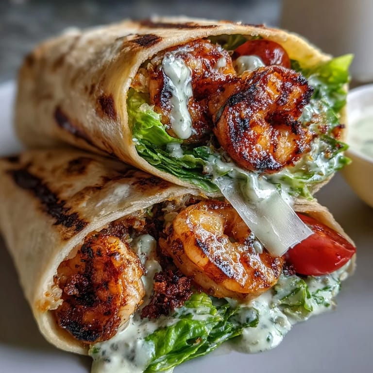 Tender Grilled Shrimp Caesar Wraps paired with croutons and shaved Parmesan on a plate.