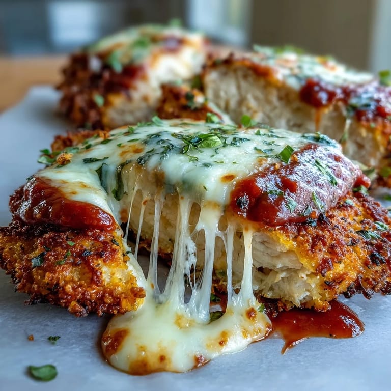 Juicy almond-crusted chicken breasts baked with marinara and mozzarella, served alongside a simple green salad.