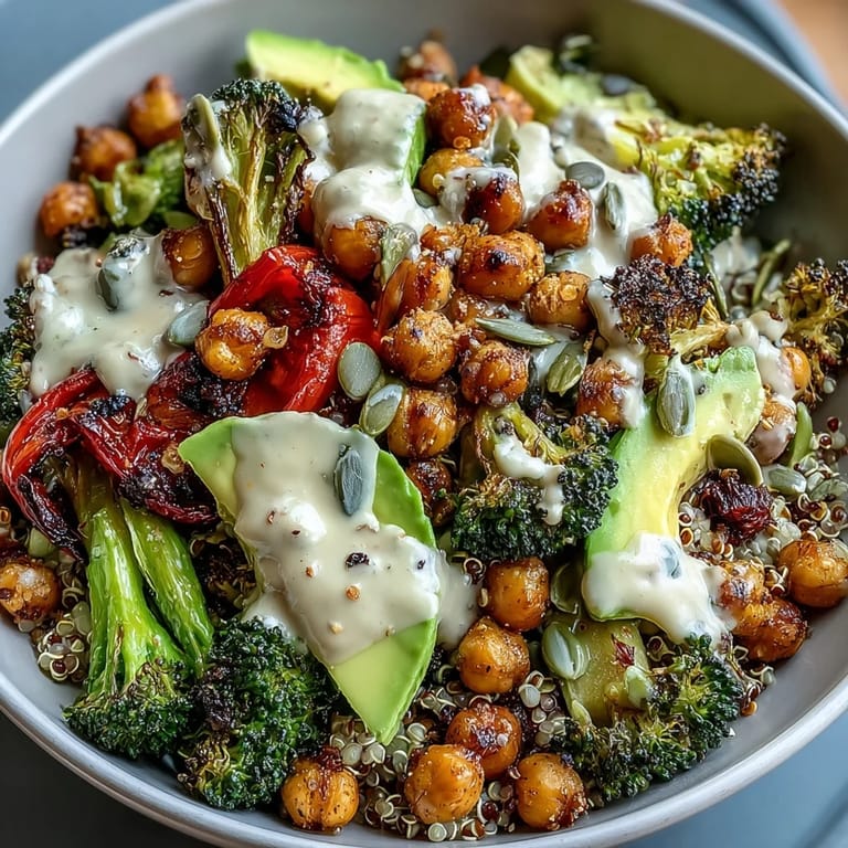 Colorful vegetable and legume bowl packed with roasted seasonal produce, protein-packed legumes, and nourishing grains, garnished with fresh herbs and seeds.