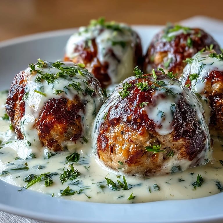 Juicy oven-baked turkey meatballs with ranch seasoning, smothered in a luscious garlic cream sauce.  