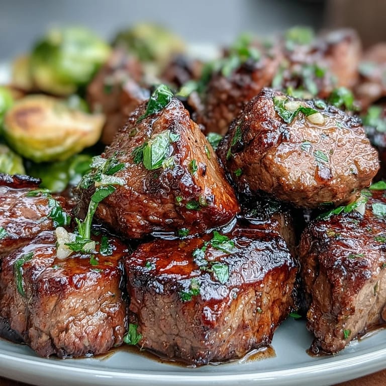 Sizzling sirloin cubes tossed in rich lemon garlic butter sauce, served alongside golden-brown caramelized Brussels sprouts.  