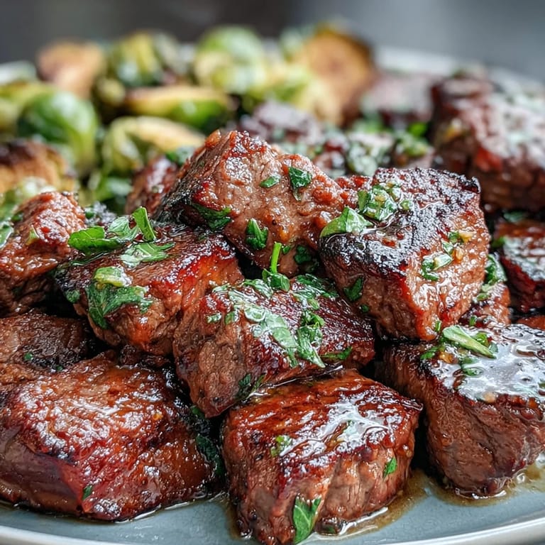 Flavorful steak bites seared to perfection and drizzled with lemon garlic butter, plated with roasted Brussels sprouts for a hearty low-carb meal.