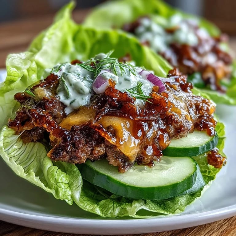 Low-carb cheeseburger lettuce wraps bursting with flavor, featuring melted cheddar, fresh veggies, and a smoky, sugar-free secret sauce that elevates every bite.  