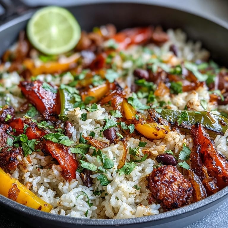 Smoky vegan fajita rice skillet with sautéed peppers, black beans, and spices, served hot from the pan for a satisfying meal.
